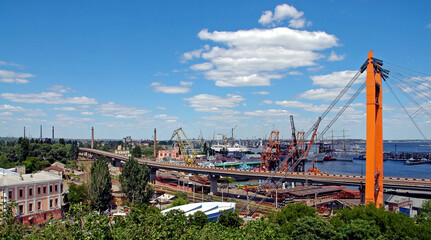 Fototapeta na wymiar Odesa or Odessa, Ukraine: The port in Odesa with cranes for loading and unloading cargo from ships. Odesa is also known as Odessa.