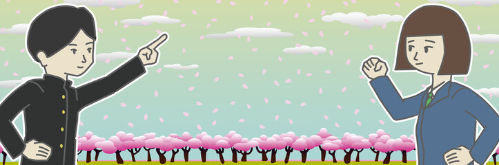 桜が咲く新学期の男子学生と女子学生 1