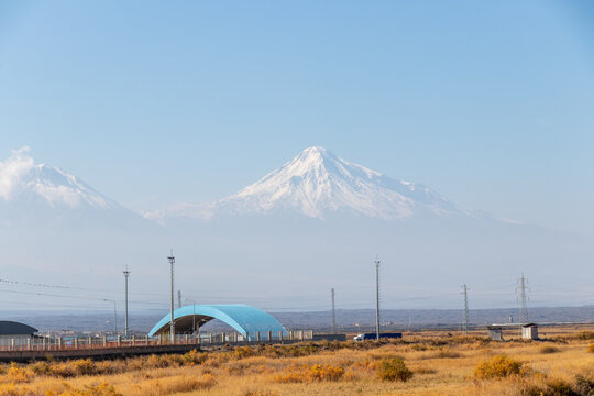 Mount Ararat or Agri between Turkey and Armenia. Dilucu border gate of Turkey