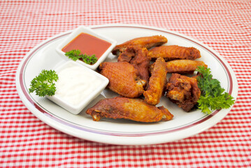 Picnic Plate of Spicy Fried Buffalo Wings Served with Hot Sauce and Blue Cheese Dressing