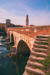 Ponte Pietra, ancient and famous Verona bridge over the Adige river, Verona Italy