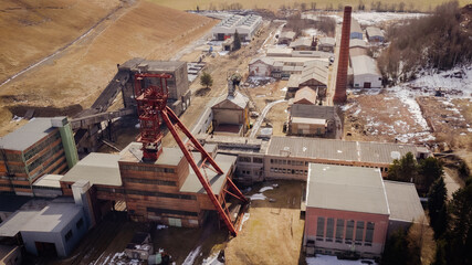 Old mine factory, now museum of mining. Industrial area drone photo