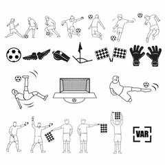 A collection of all football action icons, football elements icon set, football referee signs and signal line drawing.