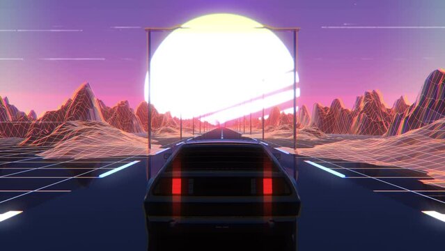 sports car driving to outrun style sunset with synth retro wave 80's computer game environment with old video glitch
