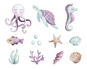 Sea animals set. Blue watercolor ocean fish and coral. Shell aquarium background. marine illustration, jellyfish, starfish, fish. For Printing on postcards, packaging, fabric, design, textile.