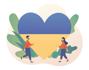 Heart with colors of Ukrainian flag. Tiny people pray for Ukraine.  No war. Stop war. Save Ukraine. Modern flat cartoon style. Vector illustration on white background