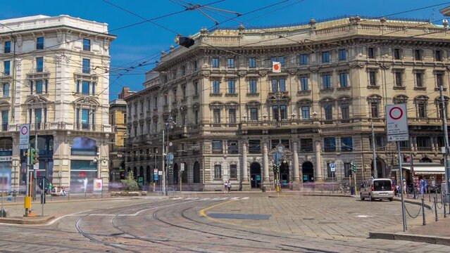 Cordusio Square and Dante street with surrounding palaces, houses and buildings timelapse hyperlapse