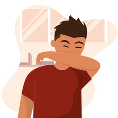 Isolated man coughing on his elbow Prevention and selfcare Vector illustration