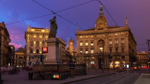 Cordusio Square and Dante street with surrounding palaces, houses and buildings at sunset timelapse