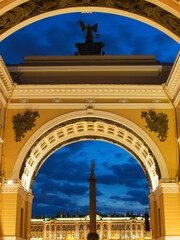 Night view Saint Petersburg upwards column with archangel Hermitage square