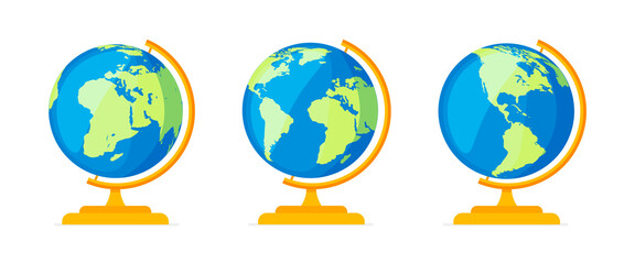 Set of desktop Earth globe different view. Vector illustration in a flat style isolated on white background.	