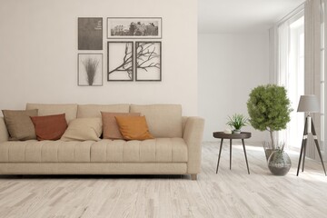 White living room with sofa. Scandinavian interior design. 3D illustration