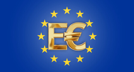 digital currency golden E-Euro € and the stars of the flag of Europe 3d-illustration