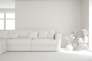 White minimalist living room with sofa. Scandinavian interior design. 3D illustration