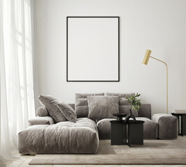 mock up poster frame in modern interior background, living room, Scandinavian style, 3D render, 3D illustration