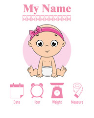 Cute girl with balloon. Baby birth print. Baby data template at birth. Weight, measurement, time and day of birth	