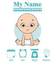 Cute boy with balloon. Baby birth print. Baby data template at birth. Weight, measurement, time and day of birth	