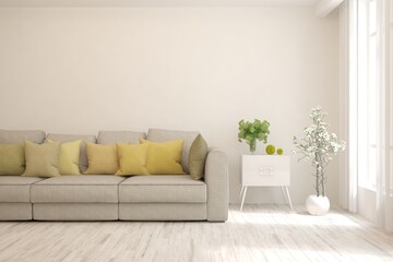 White living room with sofa. Scandinavian interior design. 3D illustration