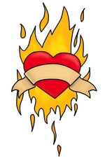 Heart.
Color illustration of a burning heart. Idea for a tattoo. A burning heart with a ribbon on which you can put your own inscription.