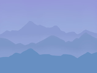 Mountains. 
Color illustration of mountains. Minimalistic image. Blue mountains. Blue or purple sky.