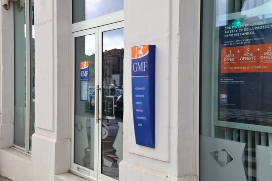 SETE, FRANCE - OCTOBER 2, 2021: GMF insurance company office in Sete, France. GMF (Garantie Mutuelle des Fonctionnaires) is part of Covea group.