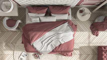Classic bedroom hotel suite in red tones with velvet double master bed, parquet, molded walls, side table with chair.Top view, plan, above. Interior design idea, relax concept