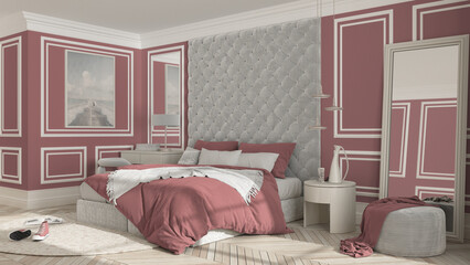 Classic bedroom in red tones with modern furniture, parquet, velvet double bed with pillows and duvet, side tables with pendant lamps, round carpet and decors. Interior design idea