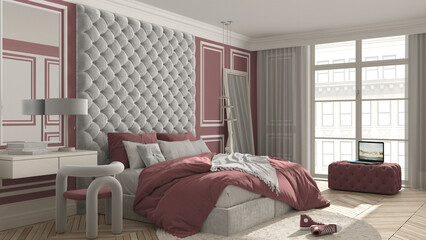 Classic bedroom in red tones with modern furniture, parquet, velvet double bed, pillows and duvet, big window, side table with chair, round carpet and decors. Interior design idea