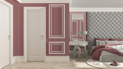 Classic bedroom hotel suite in red tones with velvet double master bed, parquet, white doors, side table with chair, round carpet and decors. Interior design idea, relax concept