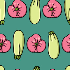 Vector seamless pattern with  hand drawn Magda zucchini and Brandywine tomatoes. Ink drawing, beautiful vegetarian design elements. Perfect for prints and patterns