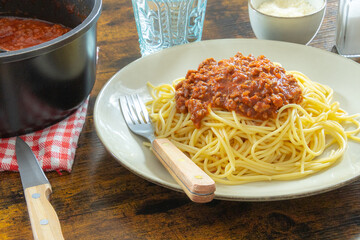 Delicious spaghetti bolognese in a white plate