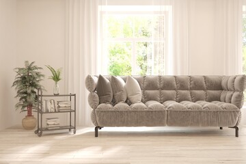 White living room with sofa and summer landscape in window. Scandinavian interior design. 3D illustration