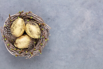 Easter eggs in the nest. Spring greeting card.