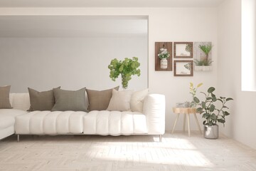 White living room with sofa. Scandinavian interior design. 3D illustration