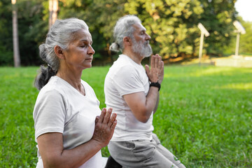 Beautiful senior couple is practicing yoga in the nature