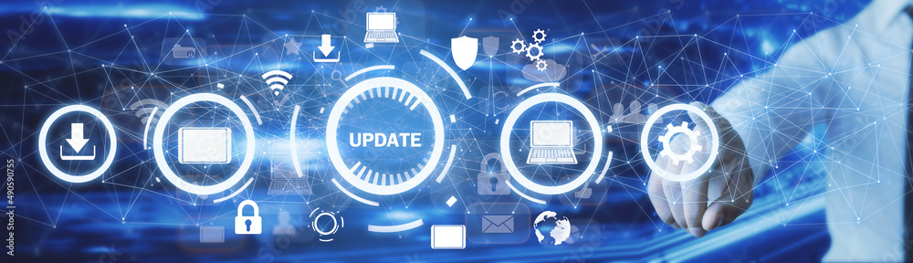 Sticker update software application. technology. internet