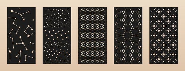Laser cut patterns collection. Vector set with abstract geometric backgrounds, dots, lines, floral silhouettes, grid. Decorative stencil for laser cutting of wood panel, metal, acryl. Aspect ratio 1:2