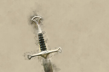 watercolor style and abstract image of mysterious and magical silver sword. Medieval period concept