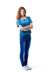 Confident in casualwear. Full-length studio portrait of an attractive young woman in casual clothing.