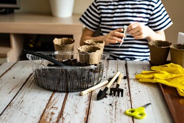 Home gardening concept. A child boy preschooler takes out seeds and plants seedlings in peat eco-pots.