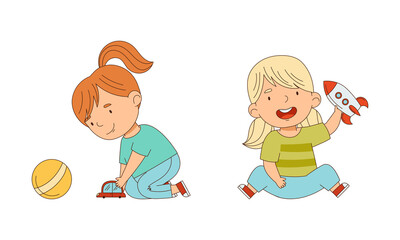 Kids playing with toys together set. Happy girls playing with rocket, car and ball cartoon vector illustration