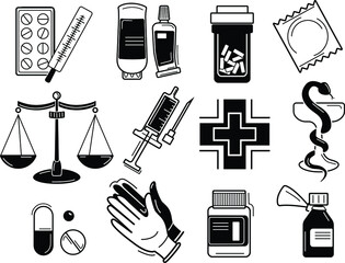 medicine pharmacy icons. Black and white