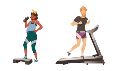 People doing different sport exercises set. Pregnant woman doing aerobics exercise on stepper platform. Man jogging on treadmill cartoon vector illustration