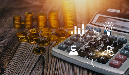 Golden bitcoin digital currency, crypto money on calculator.