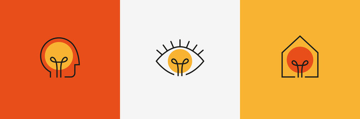 Creative logo set with human head, eye, house icon and a light bulb as an idea symbol. 