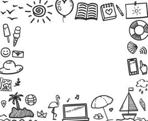 Hand drawn black holiday elements on white. Summer holidays. Freehand banner design