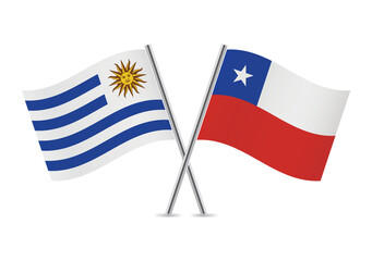 Uruguay and Chile crossed flags. Uruguayan and Chilean flags, isolated on white background. Vector icon set. Vector illustration.