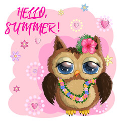 Owl cute cartoon character in holiday concept. In a hat, in a cap, in hula colors, a dancer in Hawaii