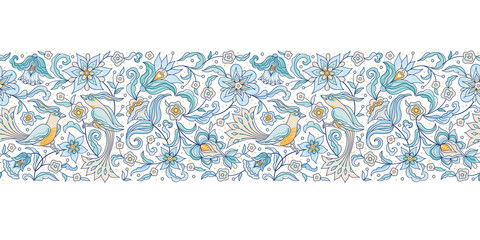 Vector element, frame, seamless border, pattern, frieze, arabesque for design template. Floral ornament in Eastern style. Birds and flower illustration. Ornamental decor for invite, cards, ornaments.