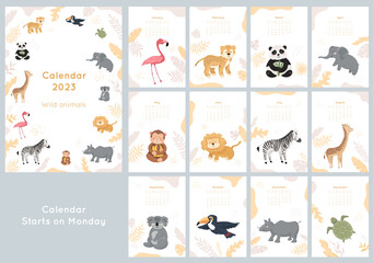 Calendar 2023 with cute wild baby animals, tropical leaves and textures. Set of 12 month vector illustrations, zoo characters in cartoon style, abstract shapes. Cover and pages design concept